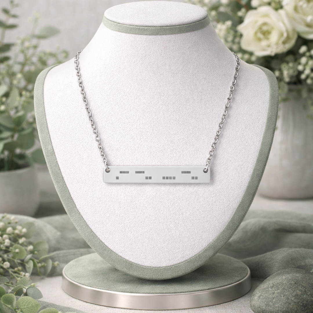 Neurodivergent ADHD Morse code necklace mockup, stainless steel bar pendant on display stand, soft cottagecore background