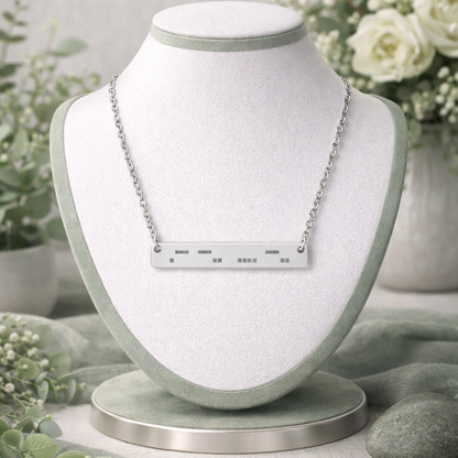 Neurodivergent ADHD Morse code necklace mockup, stainless steel bar pendant on display stand, soft cottagecore background