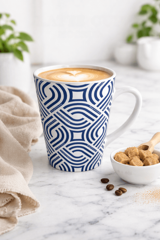 Navy Geometric Latte Mug Divergent and Devoted Modern Retro Pattern Ceramic Coffee Cup - You're My Kind of Weird