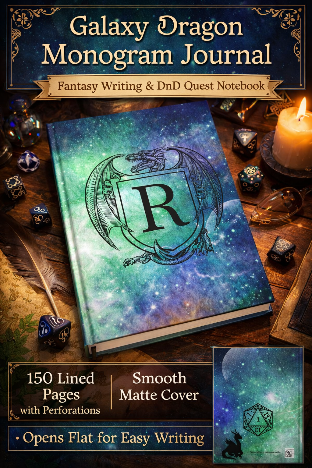 Personalized Monogram Dragon Crest Journal | Galaxy Hardcover D20 Dice Notebook - You're My Kind of Weird