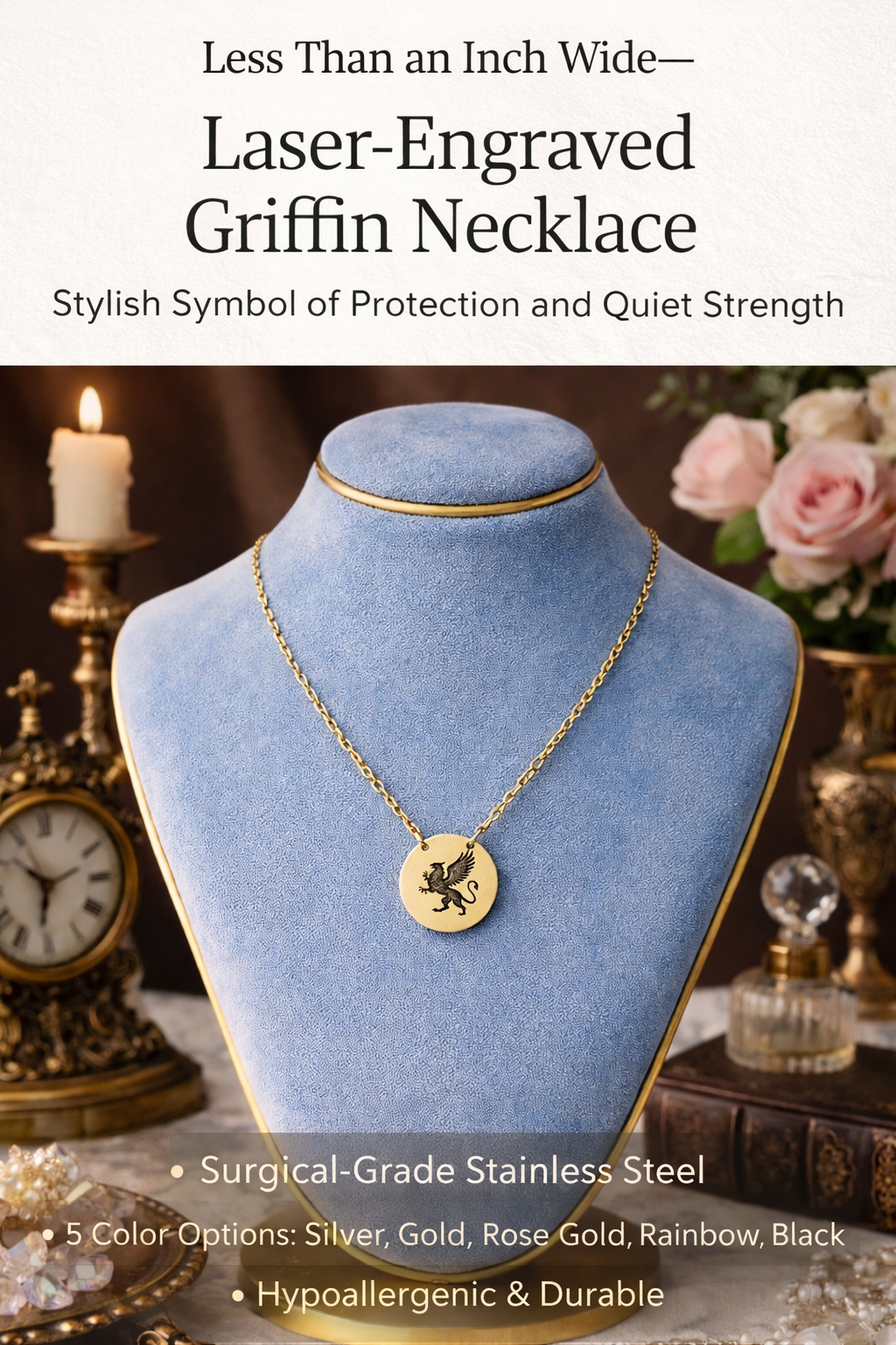 Griffin Necklace, Engraved Disc Pendant 18mm