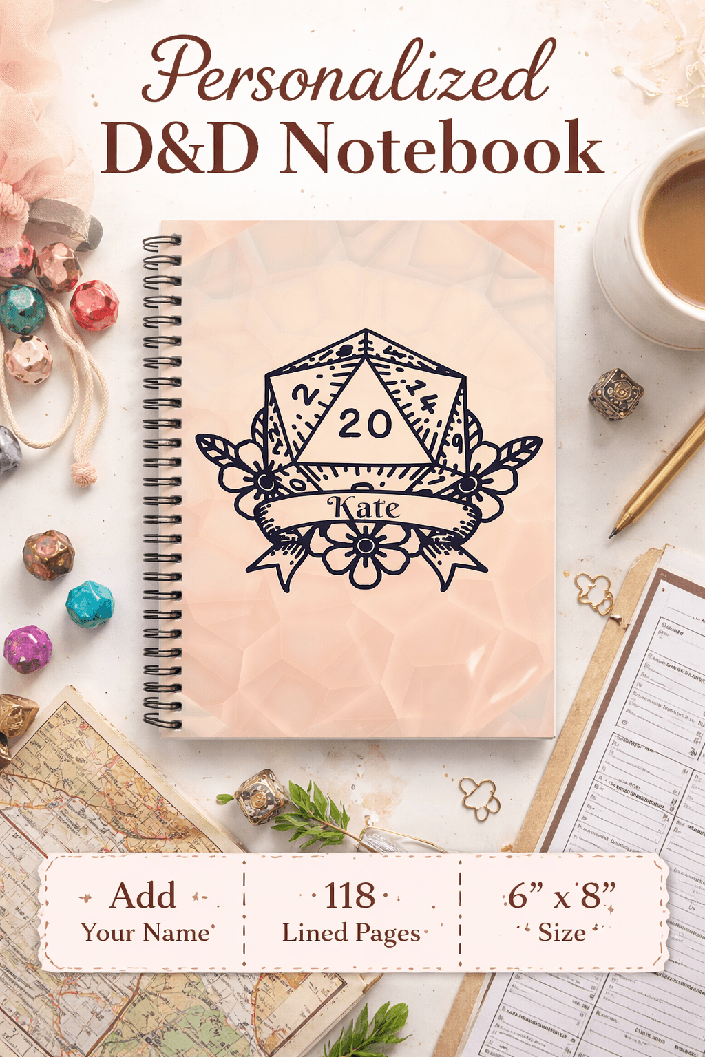 D20 Floral Crest Spiral Notebook | Personalized Ruled Journal - You're My Kind of Weird