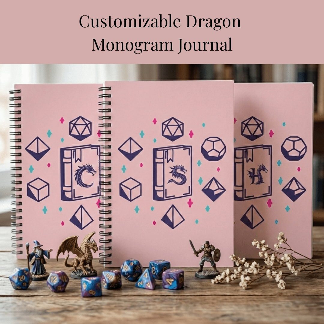 Personalized DnD Spiral Notebook | Dragon Monogram Journal | Pink Spellbook Dice Notebook | Custom Name D&D Notes - You're My Kind of Weird