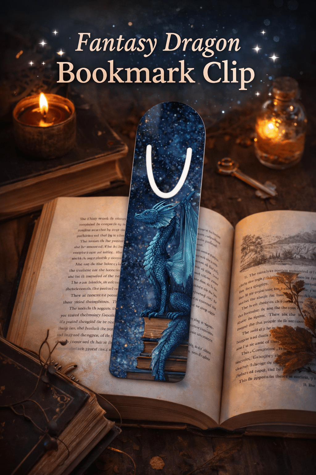 Metal Blue Dragon on Books Bookmark | Fantasy Night Sky Reading Accessory - You're My Kind of Weird