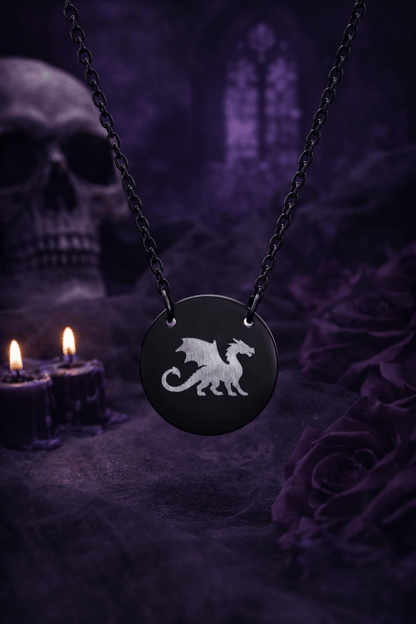 Dragon Engraved Necklace Stainless Steel Circle Pendant Necklace, Gothic Dragon Medallion, DnD Gift, Everyday Dragon Jewelry - You're My Kind of Weird