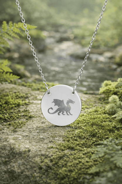 Dragon Engraved Necklace Stainless Steel Circle Pendant Necklace, Gothic Dragon Medallion, DnD Gift, Everyday Dragon Jewelry - You're My Kind of Weird