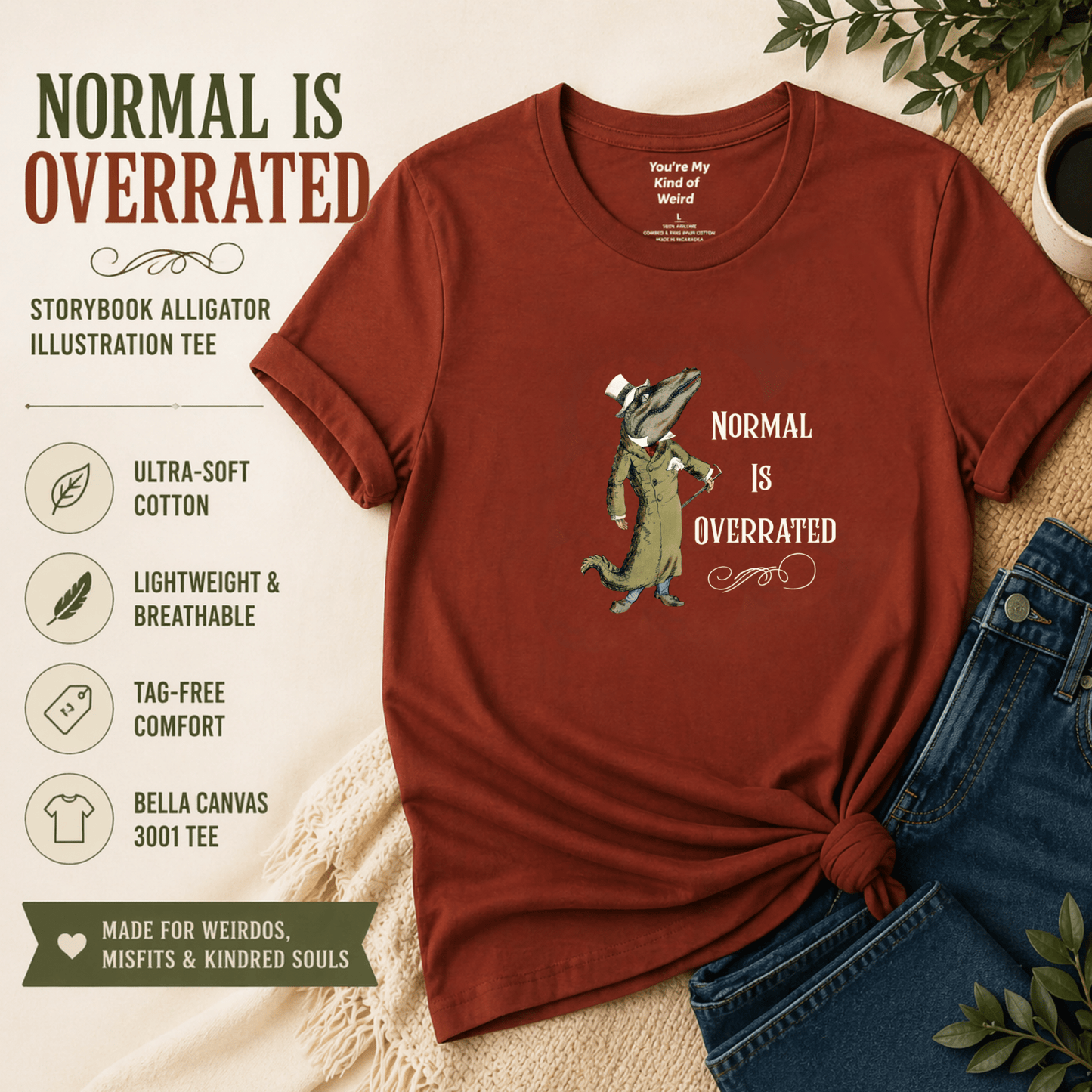 Normal Is Overrated tee: Classic Storybook Illustration Alligator Shirt - You're My Kind of Weird