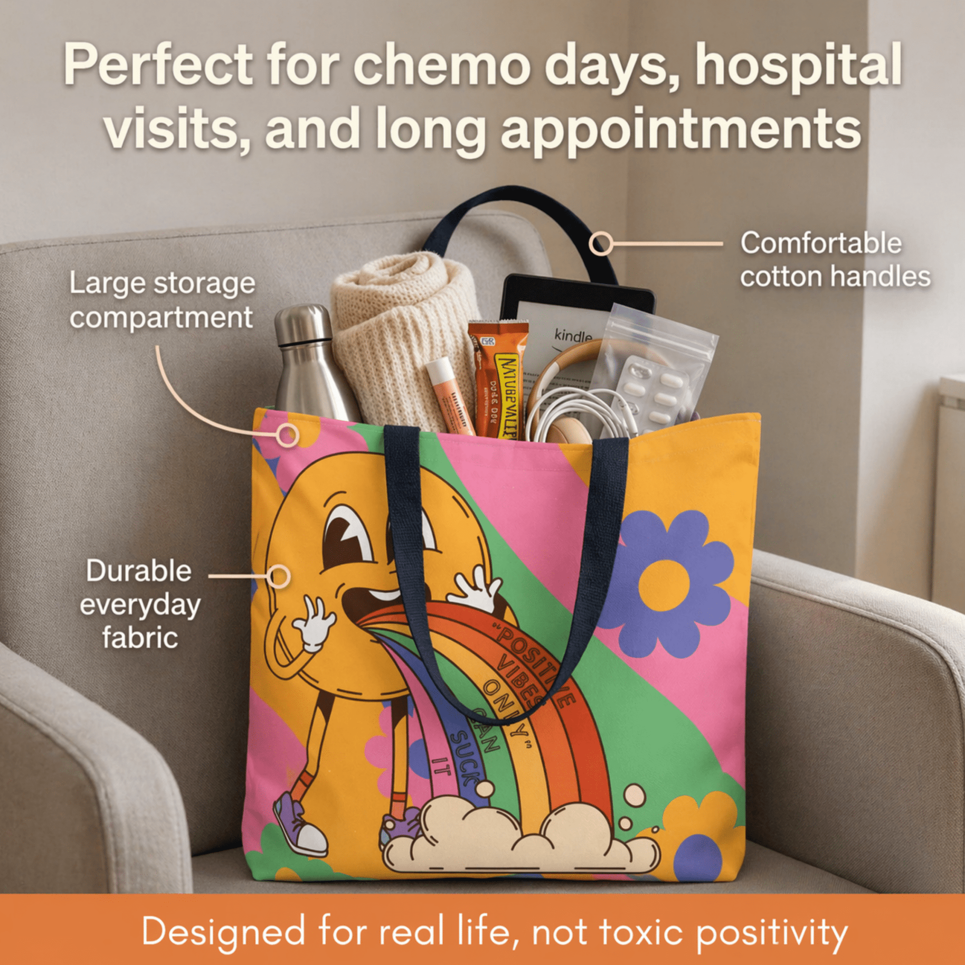 Chemo Support Tote Bag "Positive Vibes Only Can Suck It" Chemo Care Package Bag and Hospital Treatment Tote - You're My Kind of Weird