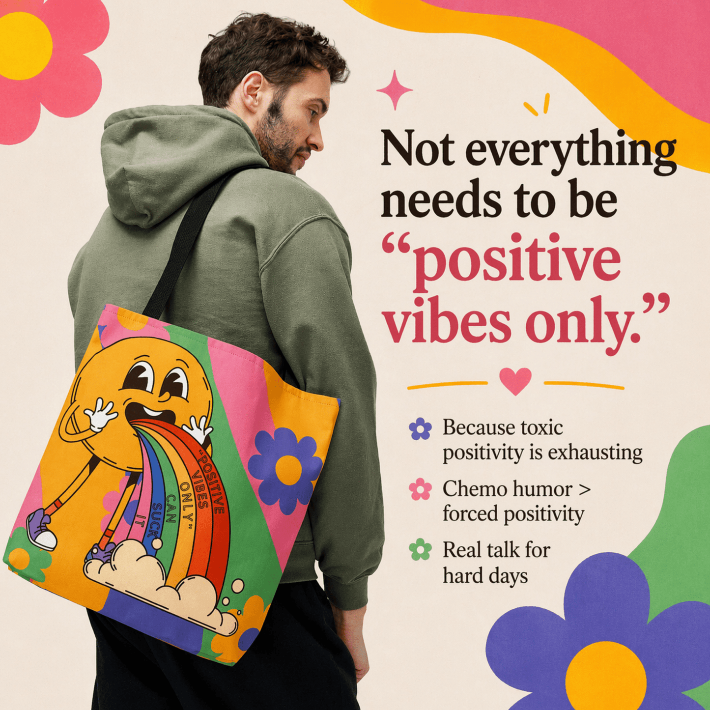 Chemo Support Tote Bag "Positive Vibes Only Can Suck It" Chemo Care Package Bag and Hospital Treatment Tote - You're My Kind of Weird