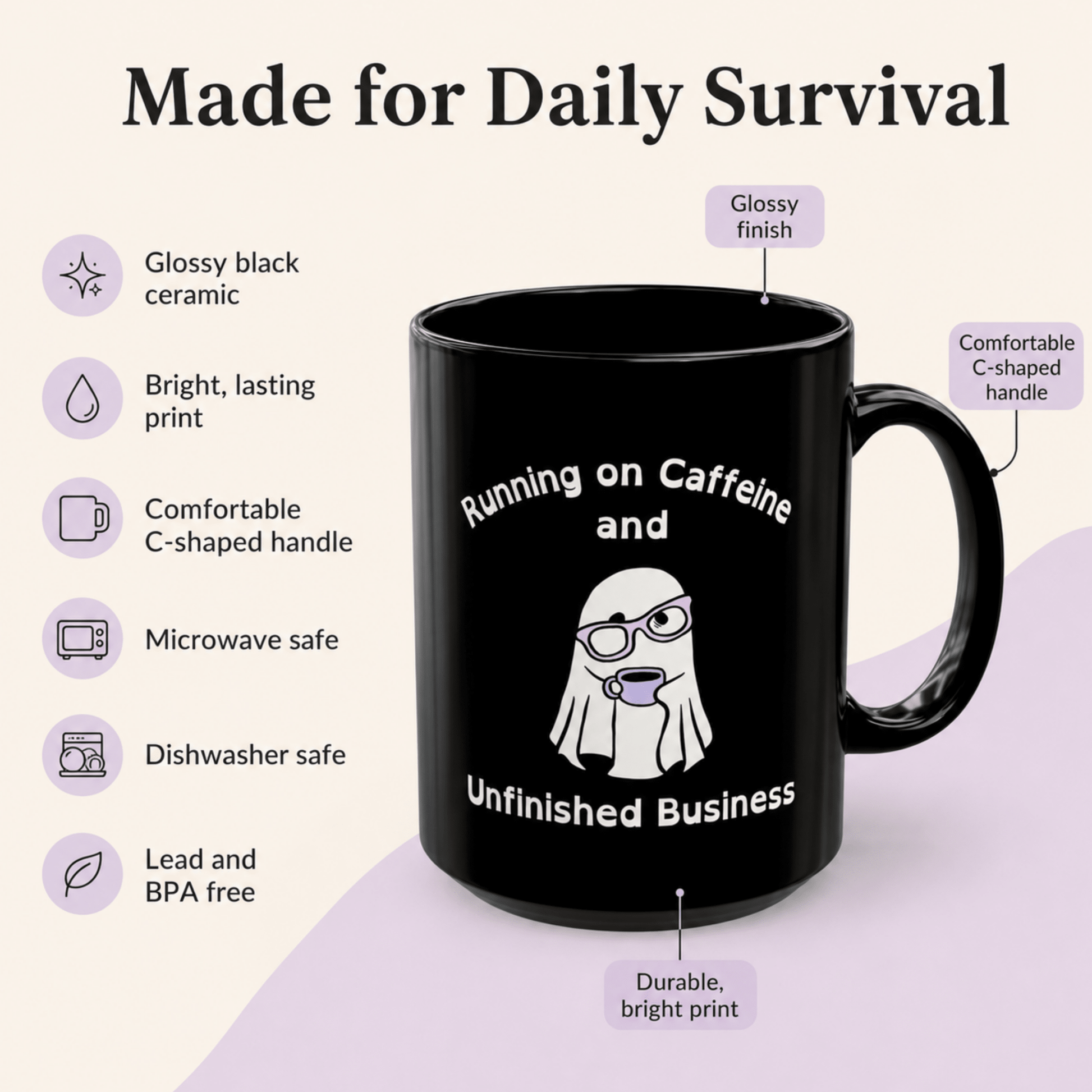 Running on Caffeine and Unfinished Business Ghost Mug | Black Coffee Cup - You're My Kind of Weird
