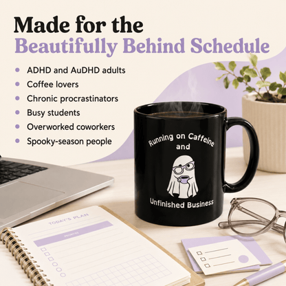 Running on Caffeine and Unfinished Business Ghost Mug | Black Coffee Cup - You're My Kind of Weird