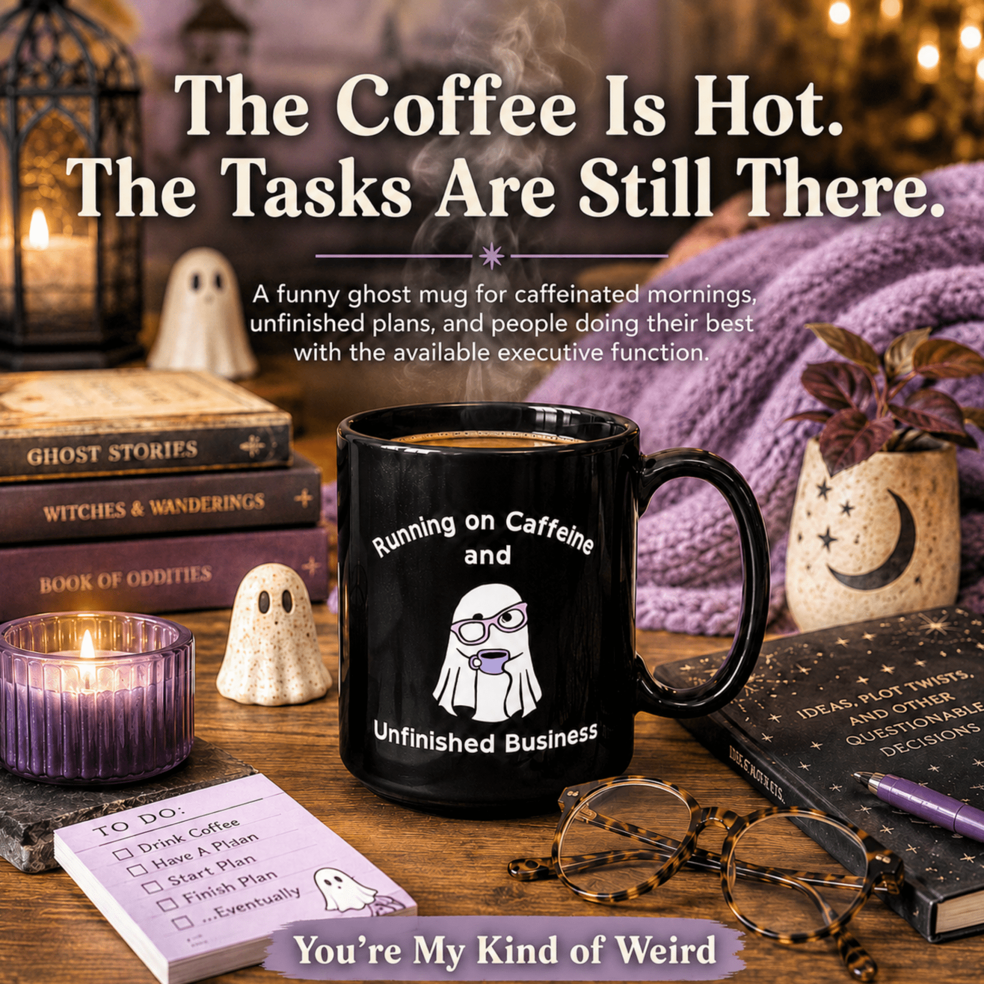 Running on Caffeine and Unfinished Business Ghost Mug | Black Coffee Cup - You're My Kind of Weird