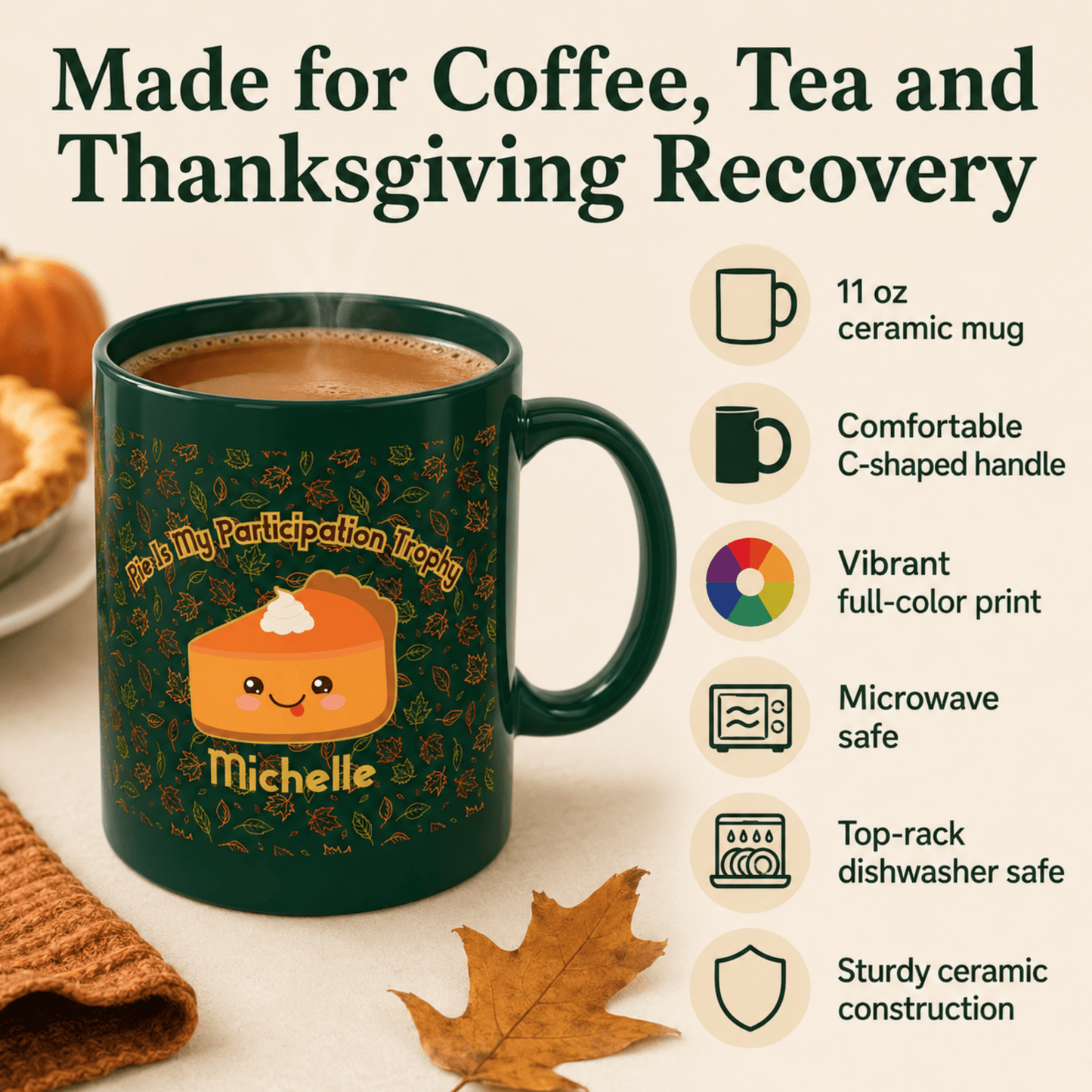 Personalized Cute Kawaii Pumpkin Pie Thanksgiving Mug, Pie Is My Participation Trophy - You're My Kind of Weird