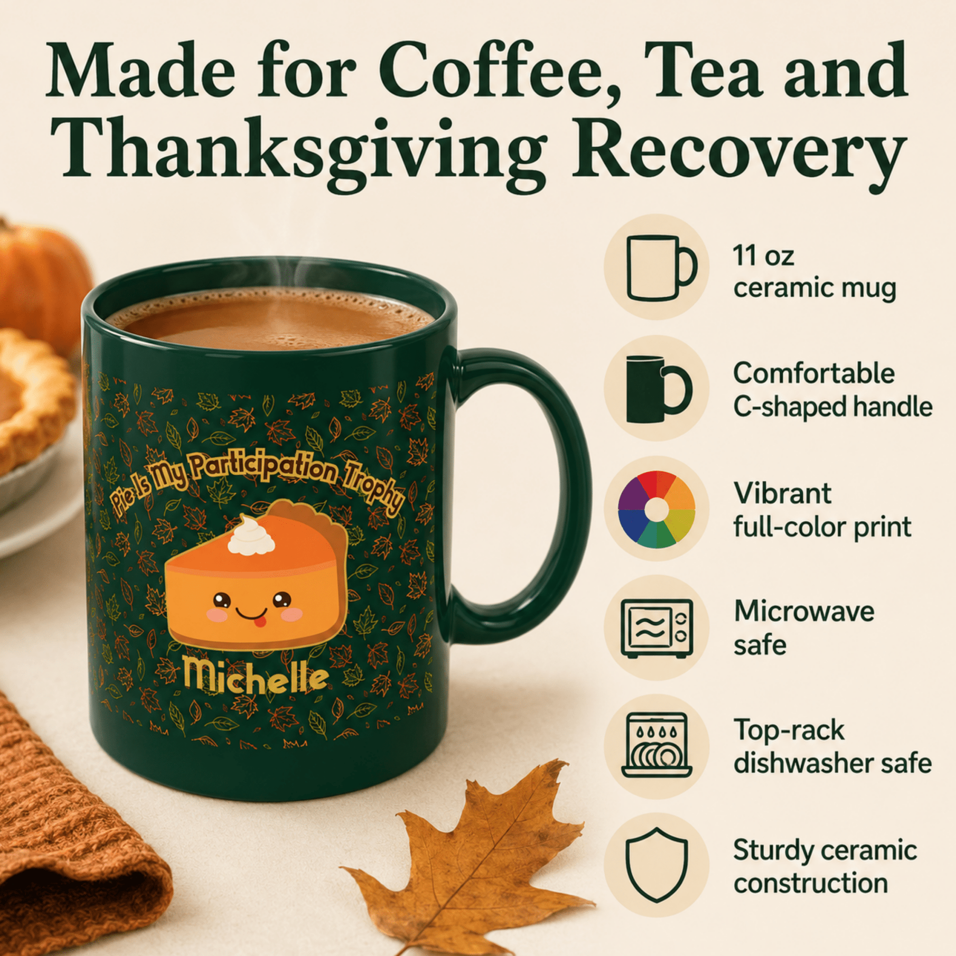 Personalized Cute Kawaii Pumpkin Pie Thanksgiving Mug, Pie Is My Participation Trophy - You're My Kind of Weird