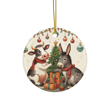 Donkey and Cow Decorating Christmas Tree Ceramic Ornament - You're My Kind of Weird