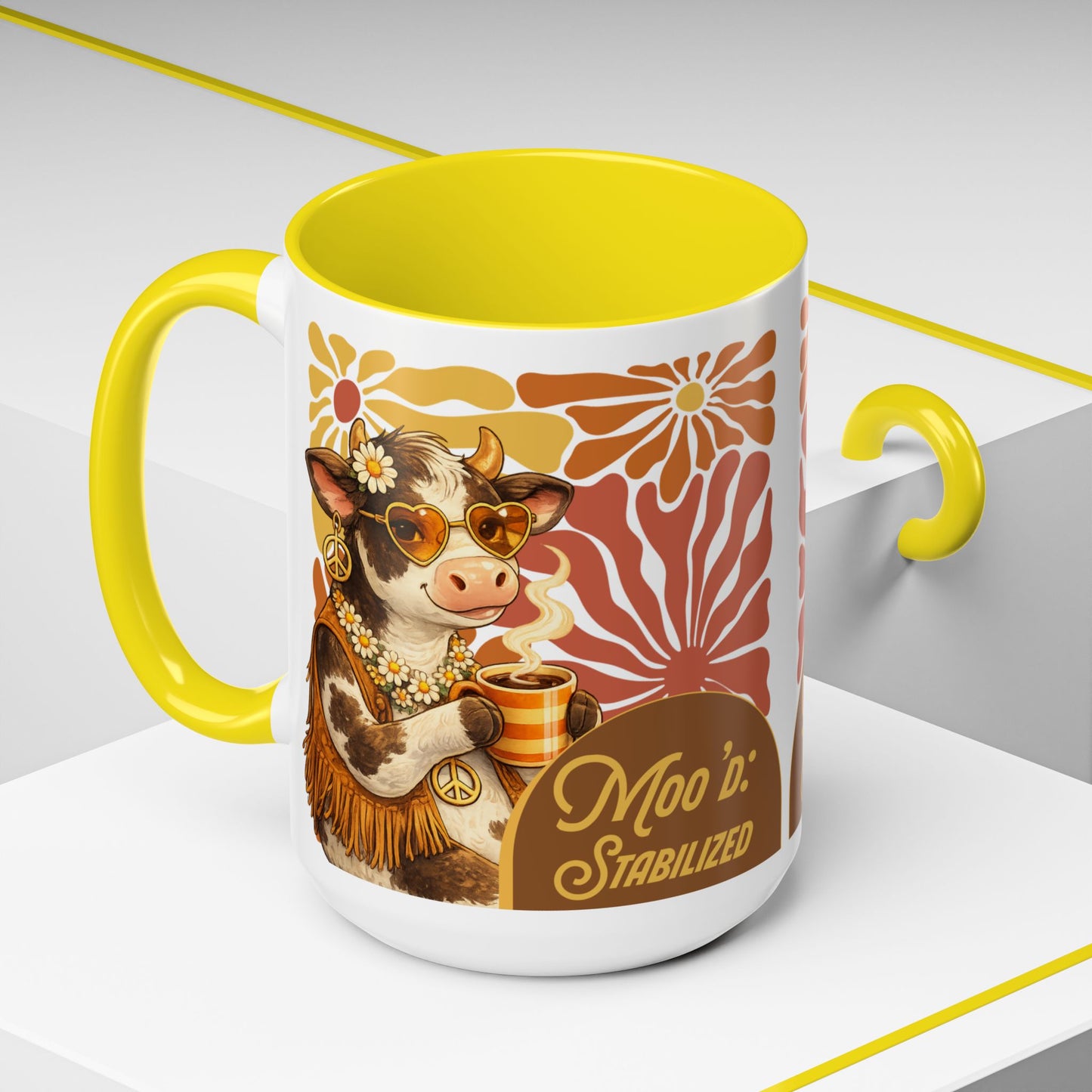 "Moo'd: Stabilized" Hippie Cow Accent Mug (15oz) - You're My Kind of Weird