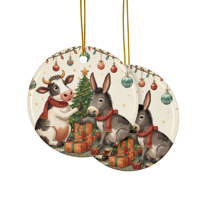 Donkey and Cow Decorating Christmas Tree Ceramic Ornament - You're My Kind of Weird