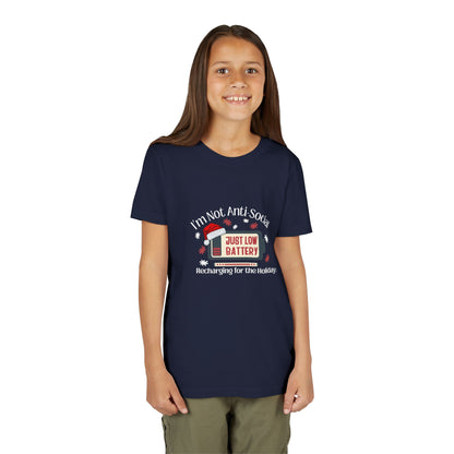I’m Not Anti-Social, Just Low Battery Kids Christmas Shirt | Funny Holiday Youth Tee | Introvert Christmas Gift for Kids