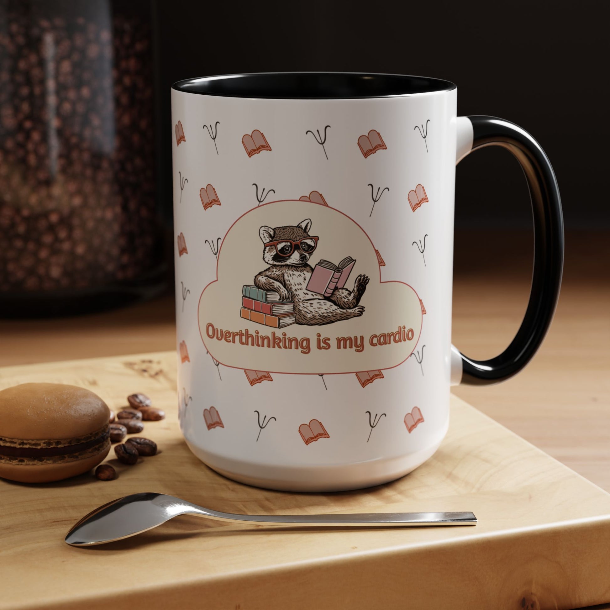 Overthinking Is My Cardio Coffee Mug — Cute Raccoon Reading Accent Mug - You're My Kind of Weird