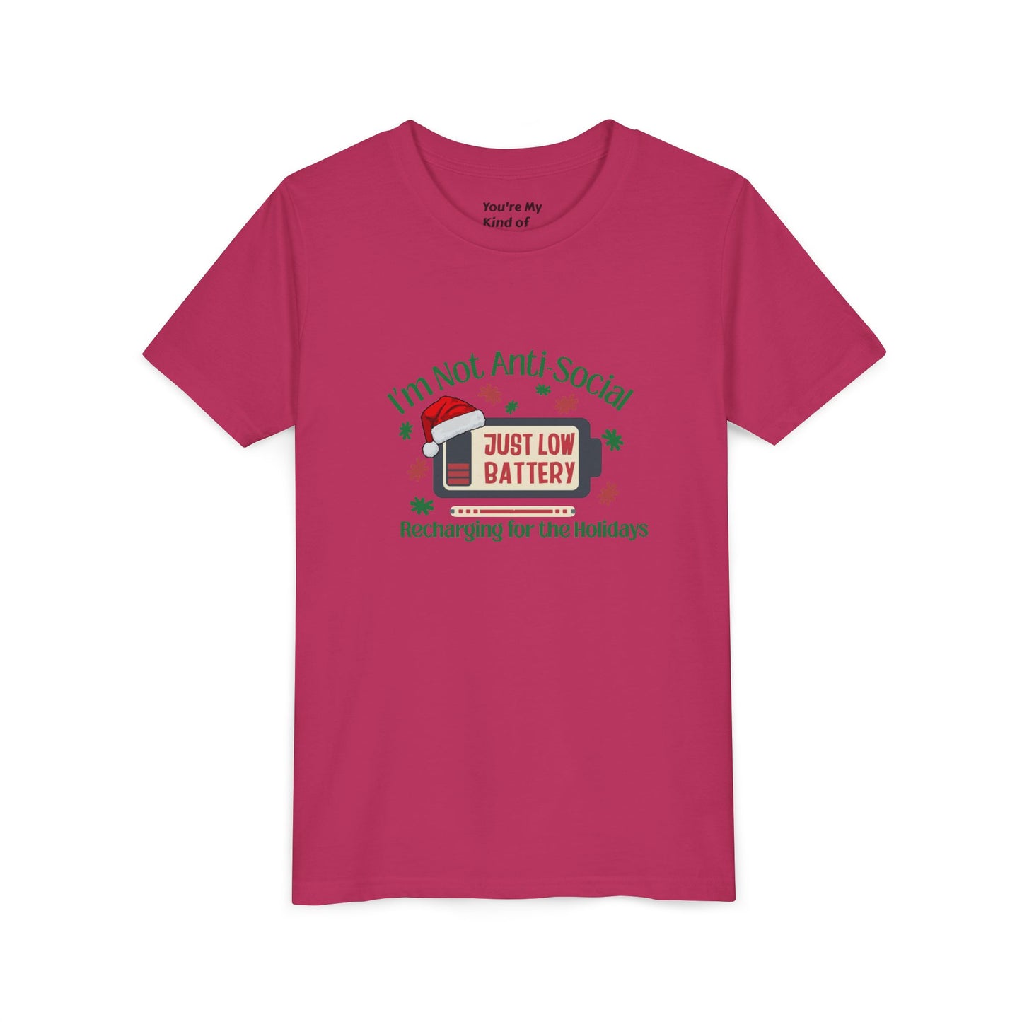 I’m Not Anti-Social, Just Low Battery Kids Christmas Shirt | Funny Holiday Youth Tee | Introvert Christmas Gift for Kids