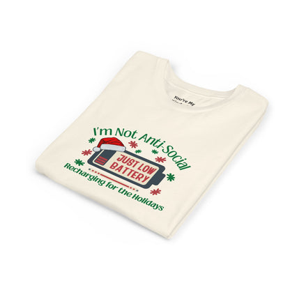 I’m Not Anti-Social, Just Low Battery Kids Christmas Shirt | Funny Holiday Youth Tee | Introvert Christmas Gift for Kids