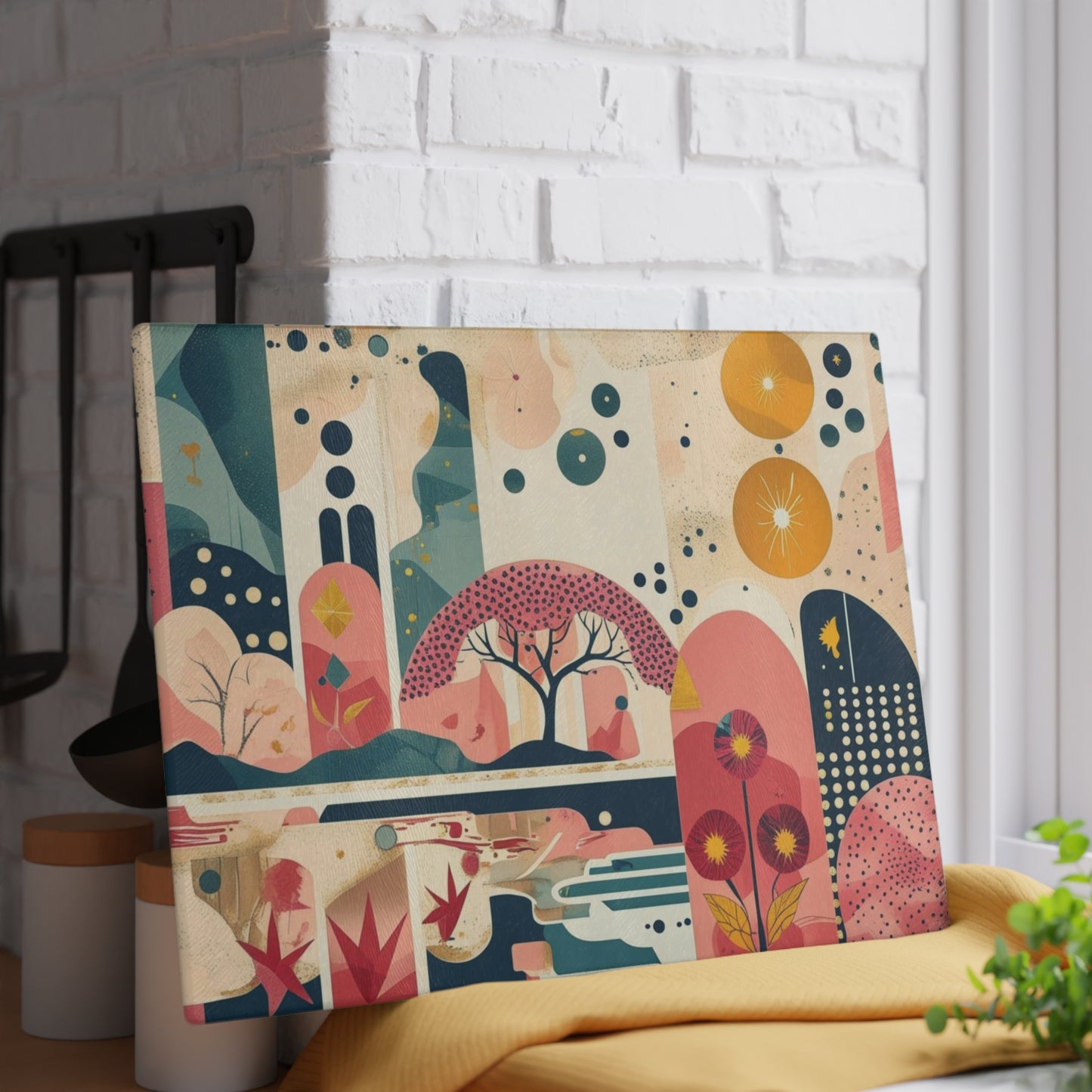 Dopamine Abstract Retro Landscape Glass Cutting Board | Mid - Century Modern Kitchen Decor - You're My Kind of Weird