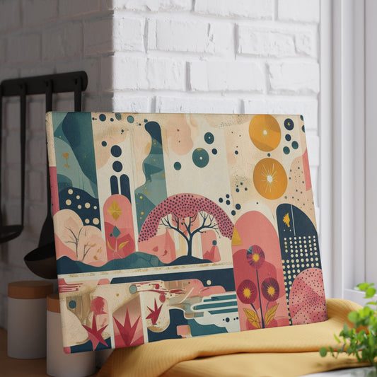 Dopamine Abstract Retro Landscape Glass Cutting Board | Mid - Century Modern Kitchen Decor - You're My Kind of Weird