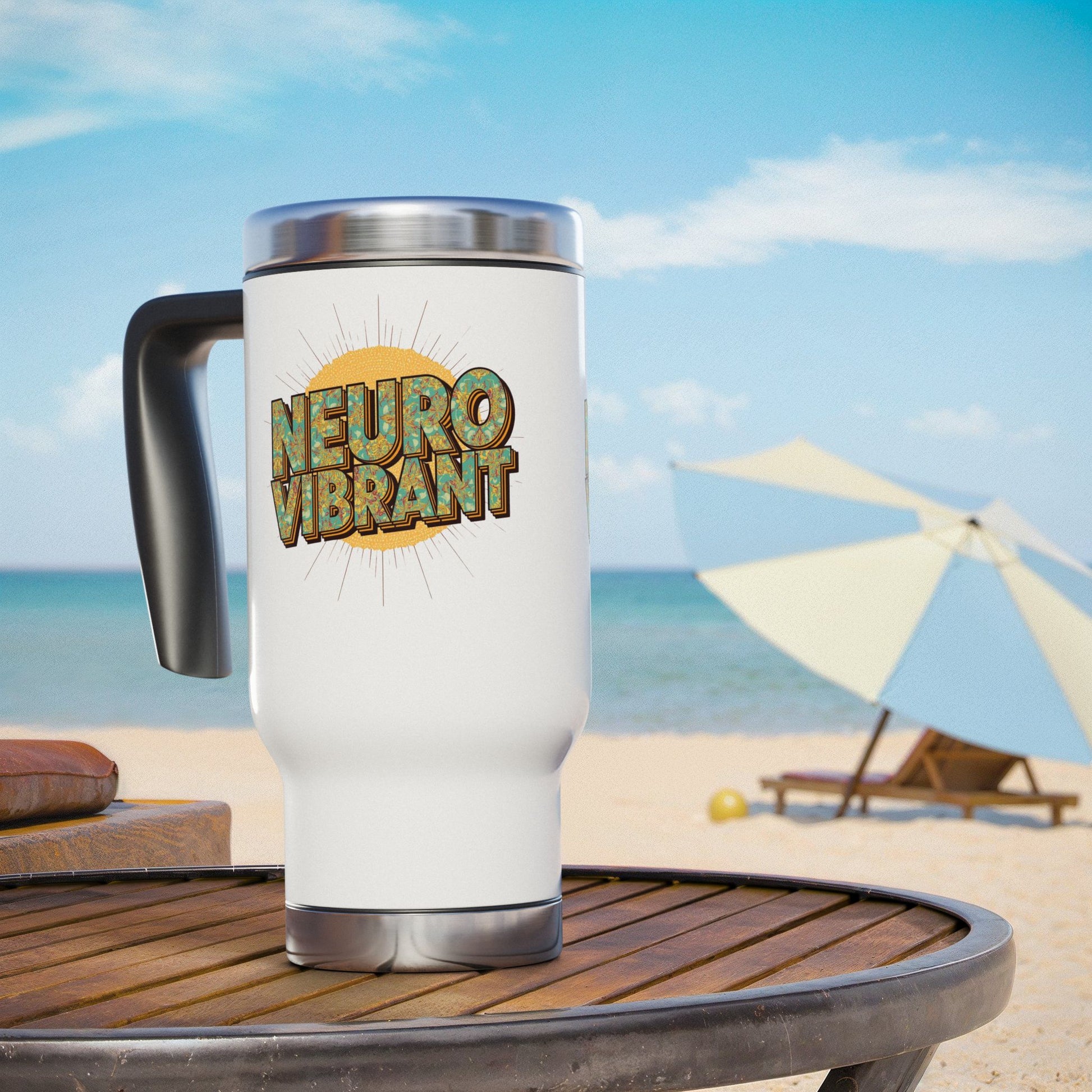Travel Mug — “NeuroVibrant” Retro Sun Stainless Steel 14oz Travel Mug with Handle - You're My Kind of Weird