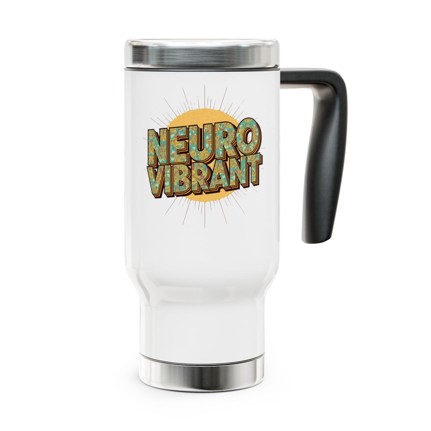 Travel Mug — “NeuroVibrant” Retro Sun Stainless Steel 14oz Travel Mug with Handle - You're My Kind of Weird
