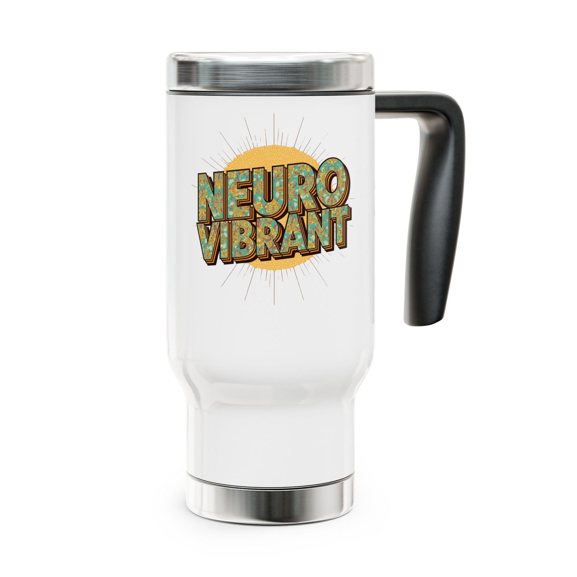Travel Mug — “NeuroVibrant” Retro Sun Stainless Steel 14oz Travel Mug with Handle - You're My Kind of Weird