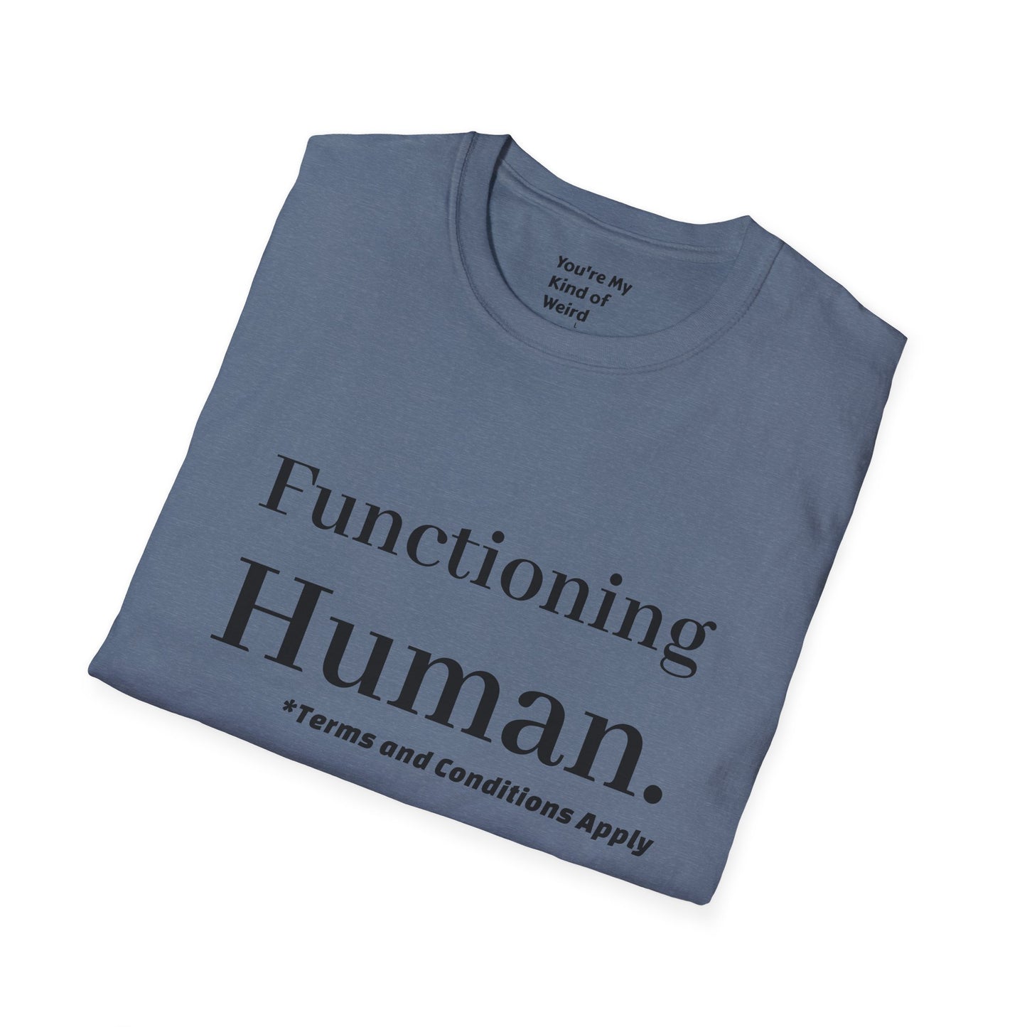 Funny Sarcastic Unisex Tee – Functioning Human, Terms and Conditions Apply Shirt Black Text