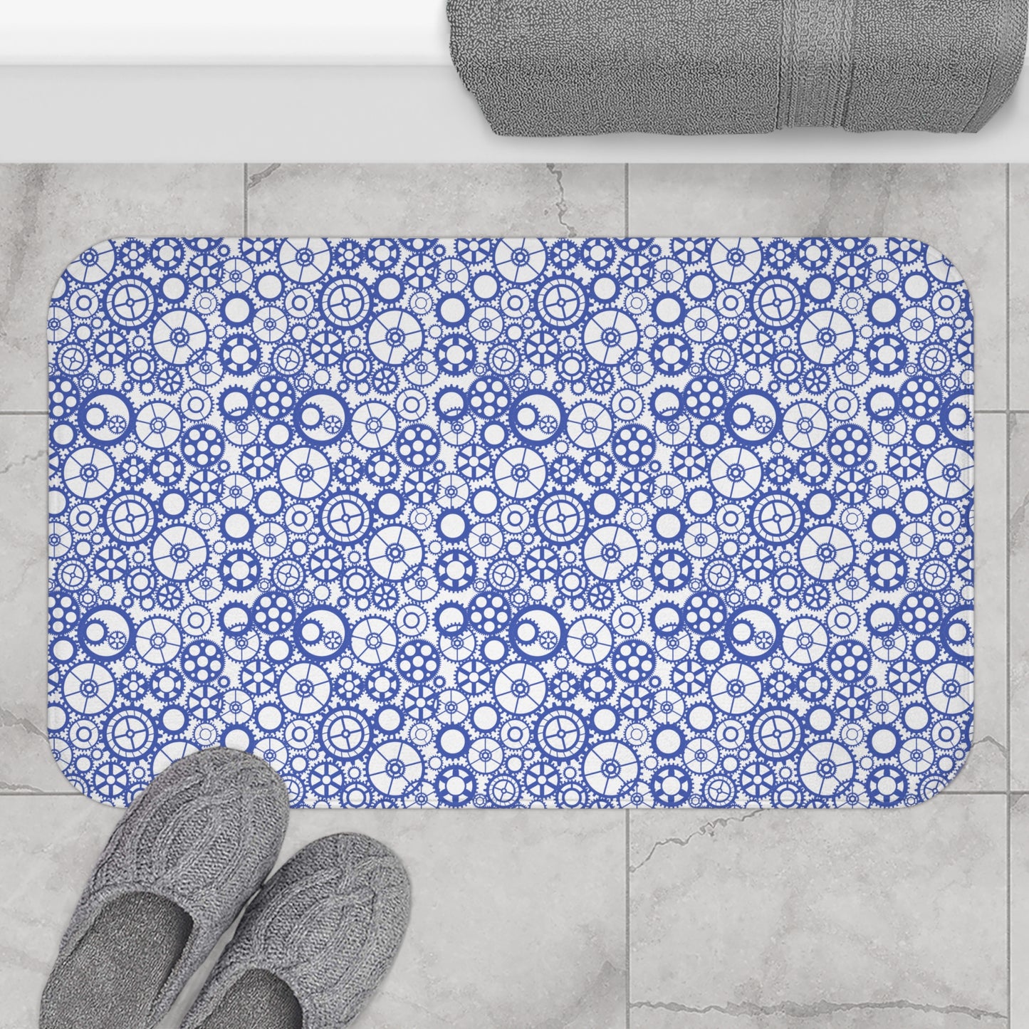 Gear Pattern Bath Mat, Blue White Bathroom Rug - You're My Kind of Weird