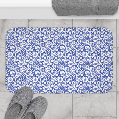 Gear Pattern Bath Mat, Blue White Bathroom Rug - You're My Kind of Weird