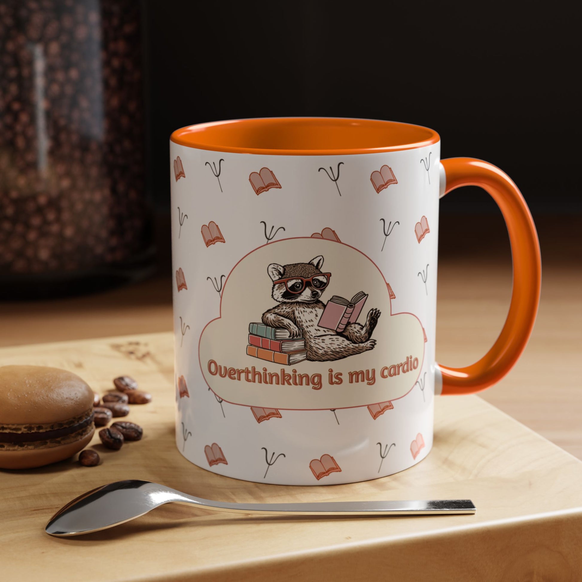 Overthinking Is My Cardio Coffee Mug — Cute Raccoon Reading Accent Mug - You're My Kind of Weird