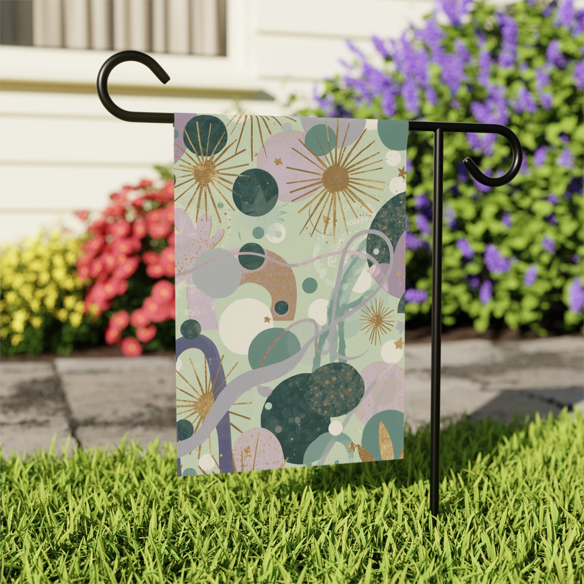 Dopamine Abstract Botanical Pattern Garden Flag | Mid Century Floral House Banner - You're My Kind of Weird