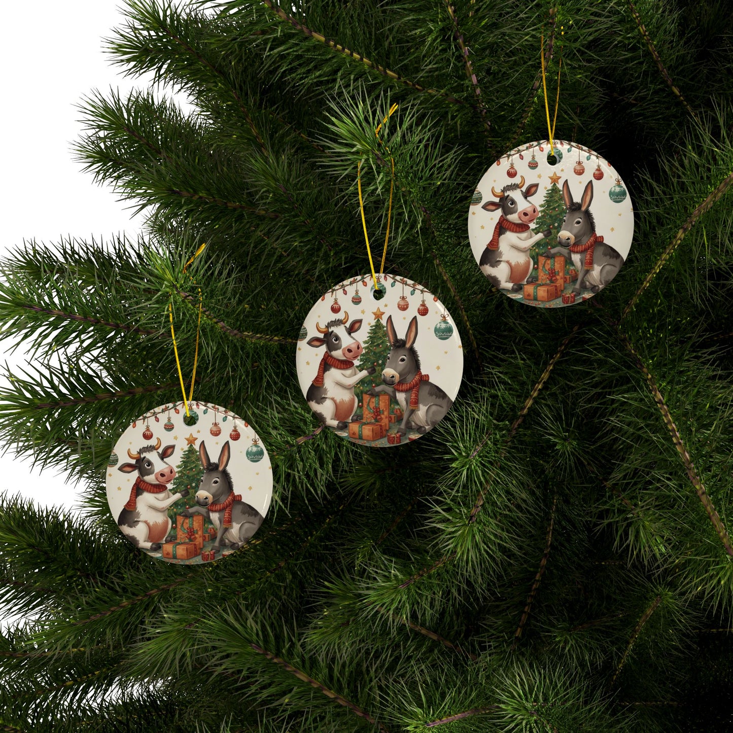 Donkey and Cow Decorating Christmas Tree Ceramic Ornament - You're My Kind of Weird