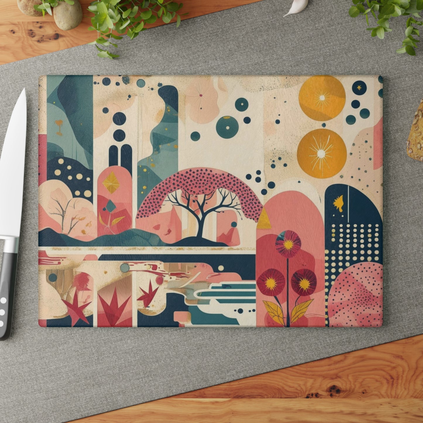 Dopamine Abstract Retro Landscape Glass Cutting Board | Mid - Century Modern Kitchen Decor - You're My Kind of Weird