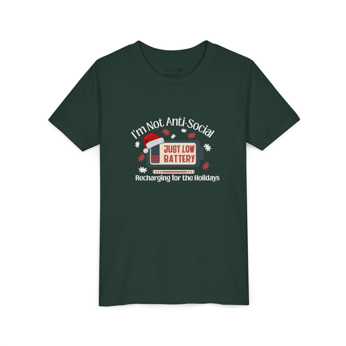 I’m Not Anti-Social, Just Low Battery Kids Christmas Shirt | Funny Holiday Youth Tee | Introvert Christmas Gift for Kids