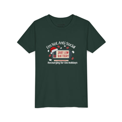 I’m Not Anti-Social, Just Low Battery Kids Christmas Shirt | Funny Holiday Youth Tee | Introvert Christmas Gift for Kids