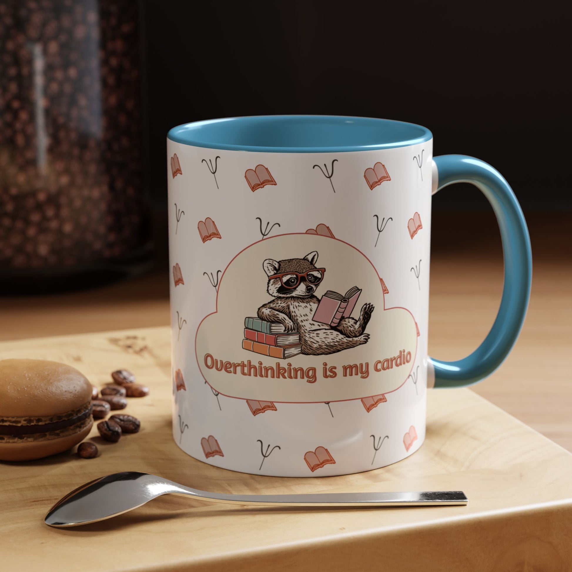 Overthinking Is My Cardio Coffee Mug — Cute Raccoon Reading Accent Mug - You're My Kind of Weird