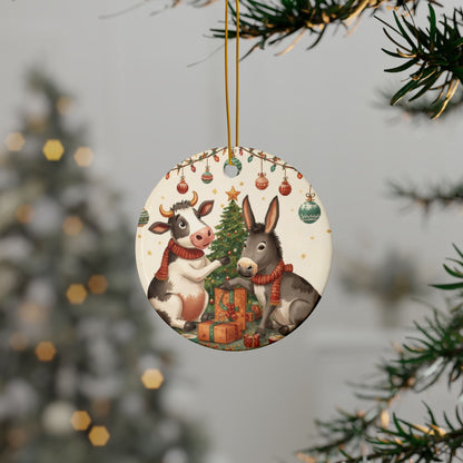 Donkey and Cow Decorating Christmas Tree Ceramic Ornament - You're My Kind of Weird