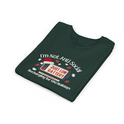 I’m Not Anti-Social, Just Low Battery Kids Christmas Shirt | Funny Holiday Youth Tee | Introvert Christmas Gift for Kids