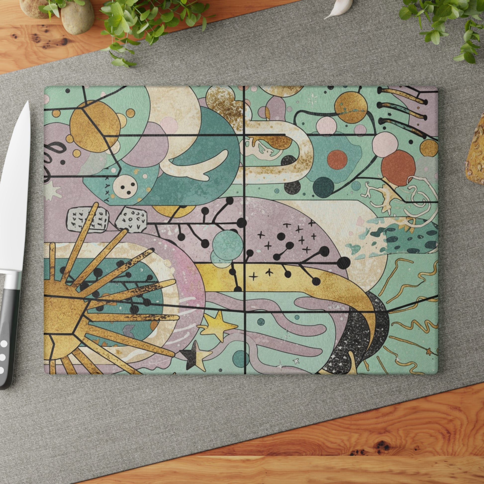 Dopamine Fun Abstract Celestial Illustration Glass Cutting Board | Sun Moon Stars - You're My Kind of Weird