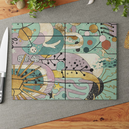 Dopamine Fun Abstract Celestial Illustration Glass Cutting Board | Sun Moon Stars - You're My Kind of Weird