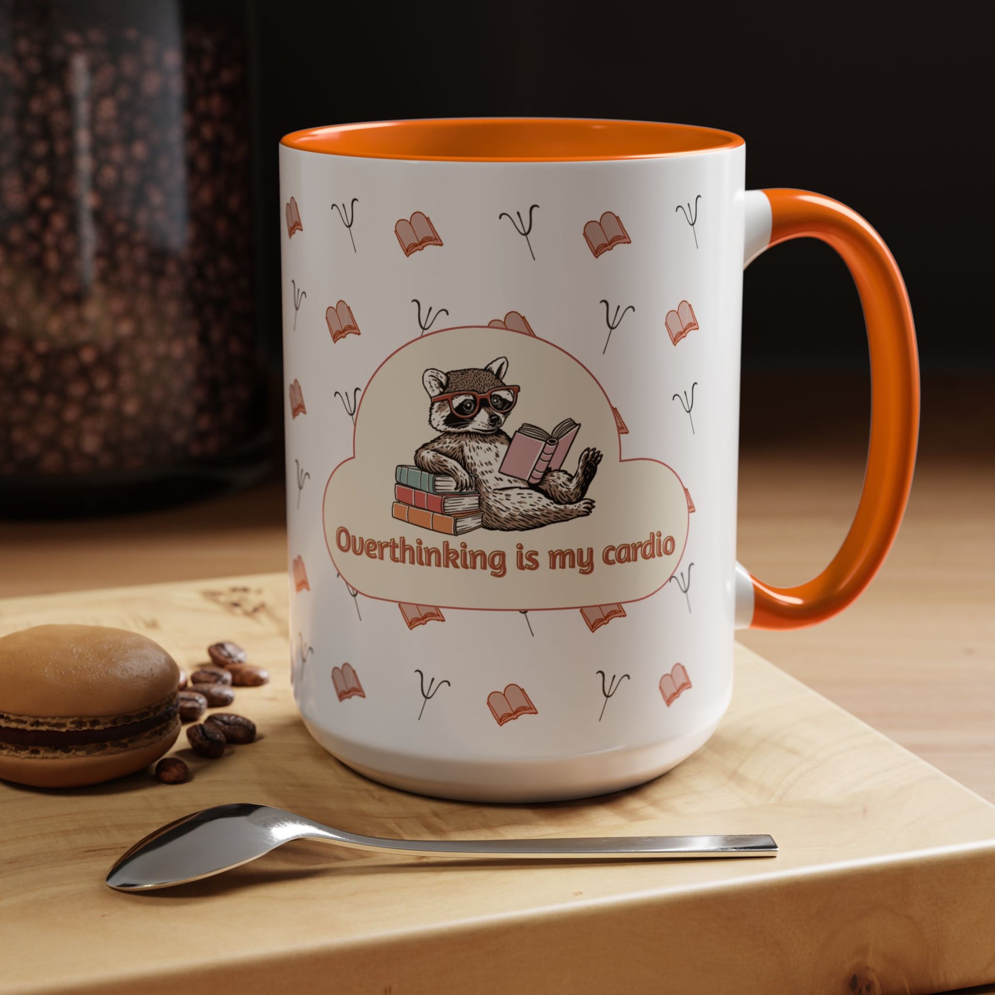 Overthinking Is My Cardio Coffee Mug — Cute Raccoon Reading Accent Mug - You're My Kind of Weird