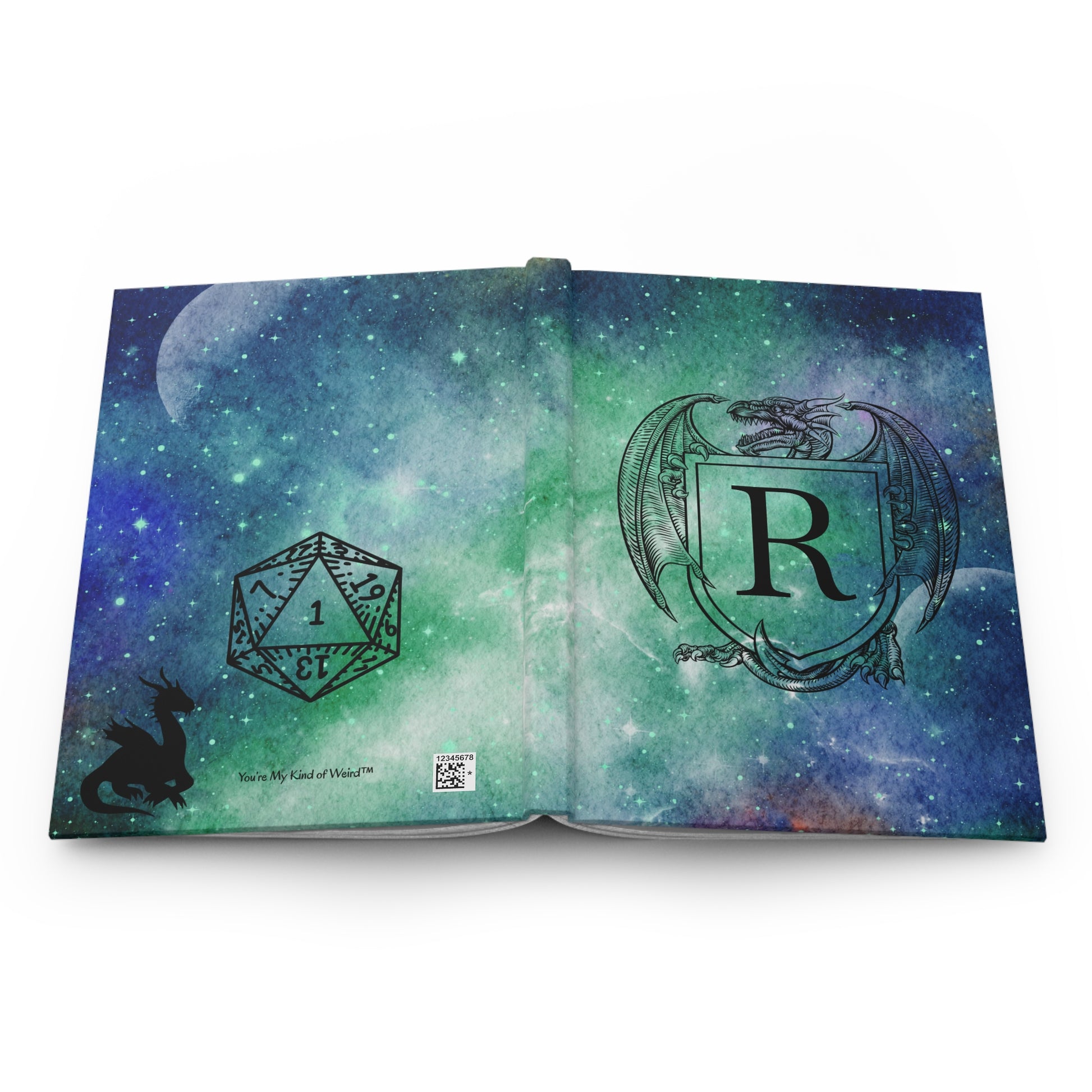 Personalized Monogram Dragon Crest Journal | Galaxy Hardcover D20 Dice Notebook - You're My Kind of Weird