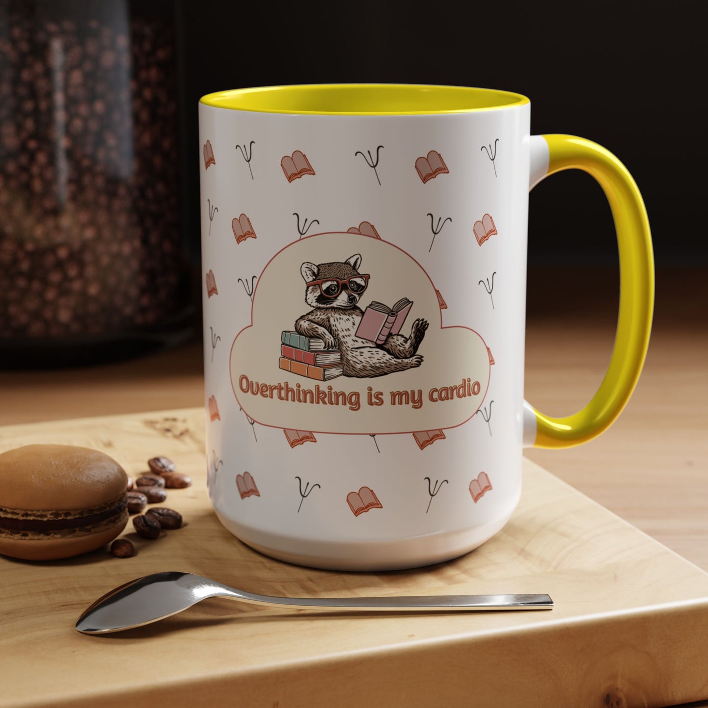 Overthinking Is My Cardio Coffee Mug — Cute Raccoon Reading Accent Mug - You're My Kind of Weird