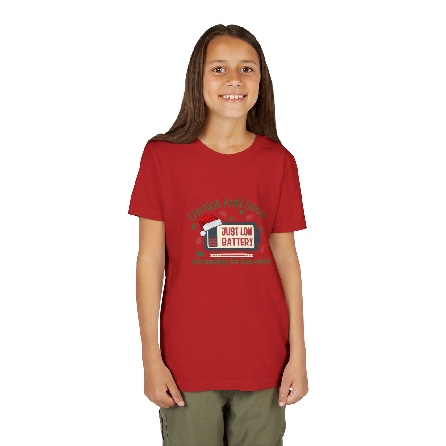 I’m Not Anti-Social, Just Low Battery Kids Christmas Shirt | Funny Holiday Youth Tee | Introvert Christmas Gift for Kids