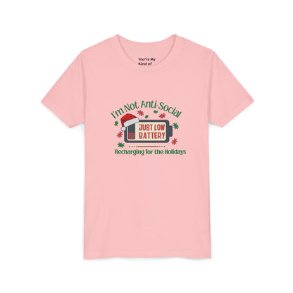 I’m Not Anti-Social, Just Low Battery Kids Christmas Shirt | Funny Holiday Youth Tee | Introvert Christmas Gift for Kids