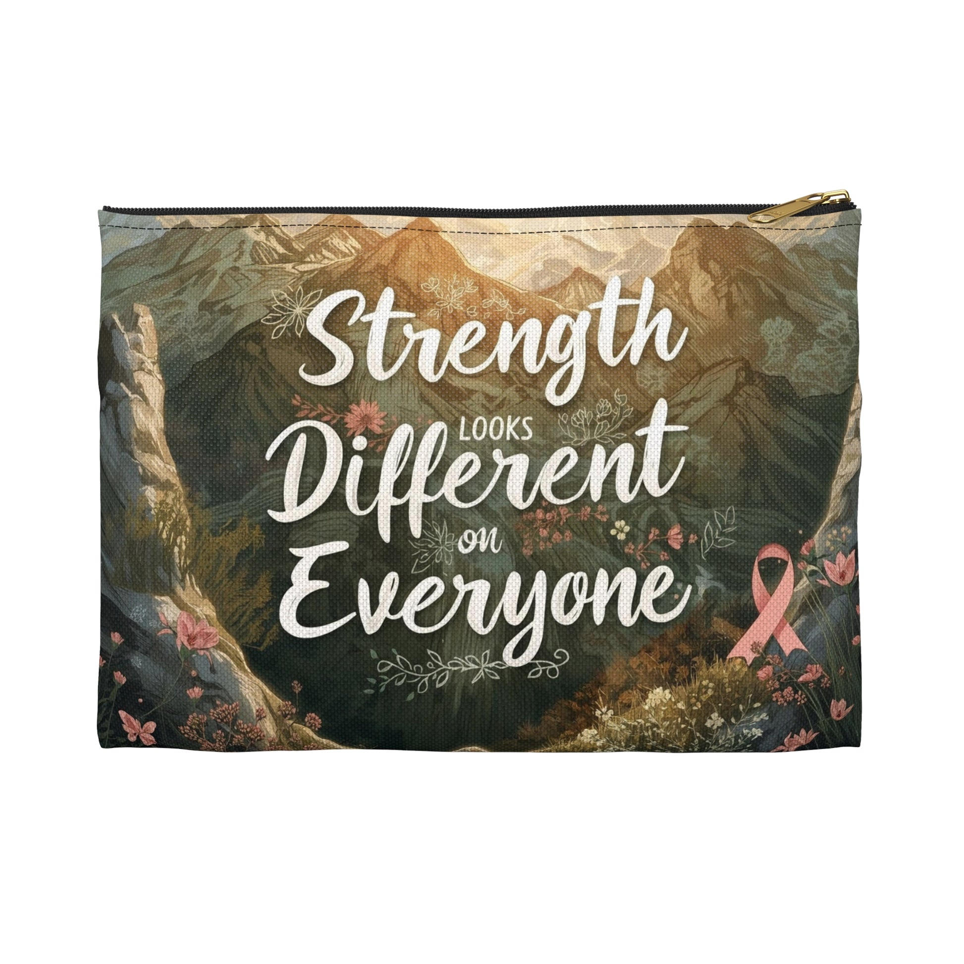 “Strength Looks Different on Everyone” Motivational Breast Cancer Awareness Gift, Tote, Makeup Bag, - You're My Kind of Weird